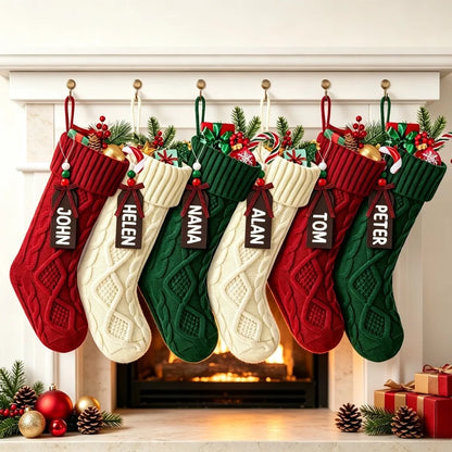 6 Pack Christmas Stockings, Personalized Cable Knit Christmas Stocking with Wooden Name Tag
