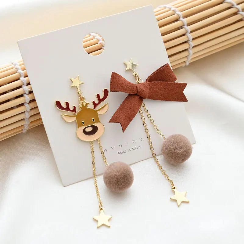 Merry Christmas Velvet Elk Bowknot Dangle Earrings For Women Red Hair Ball