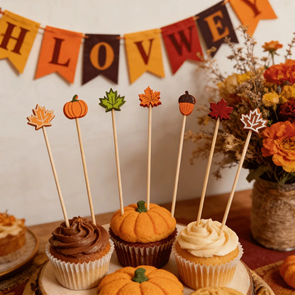 Halloween party fruit decorations, pumpkin, maple leaf, acorn shaped bamboo sticks