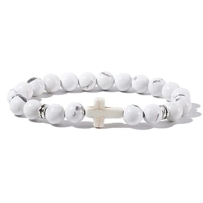 Prayer Natural Stone & Wood Bead Rosary Bracelet with Hematite Cross