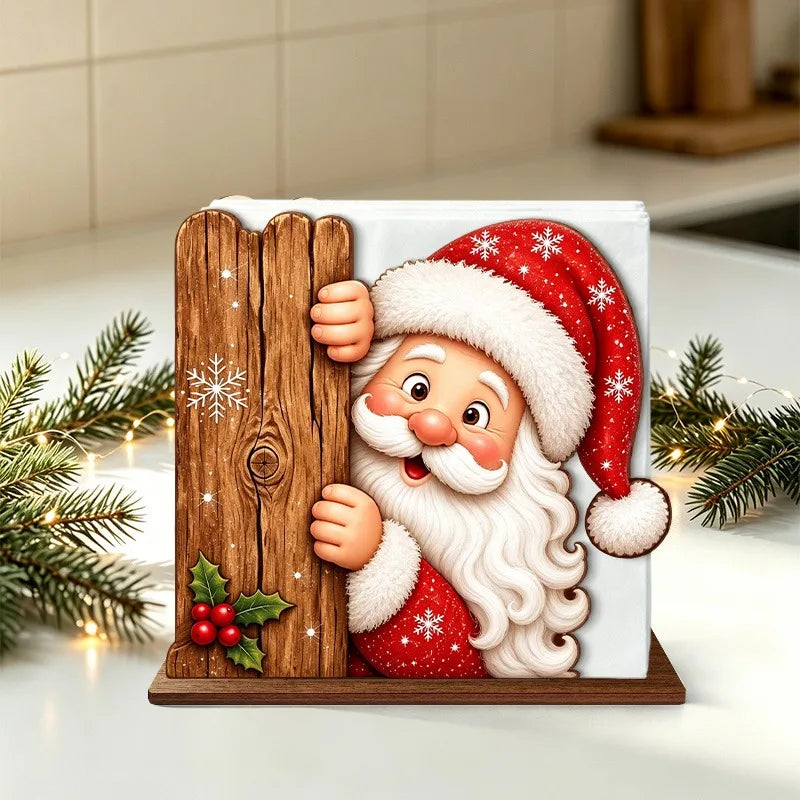 Santa Claus Wooden Napkin Holder Christmas Table Decor Desktop Tissue Storage Rack
