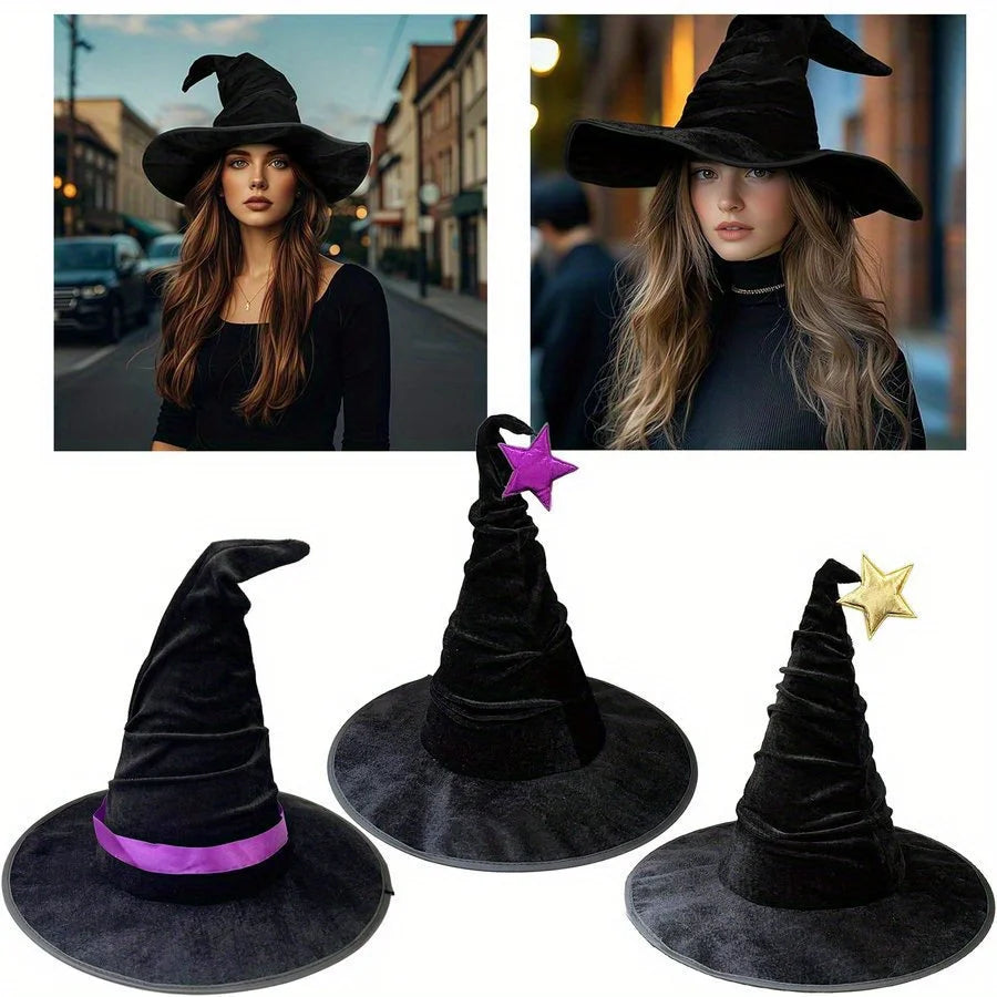 Halloween crumpled witch hat party, witch hat black velvet witch costume