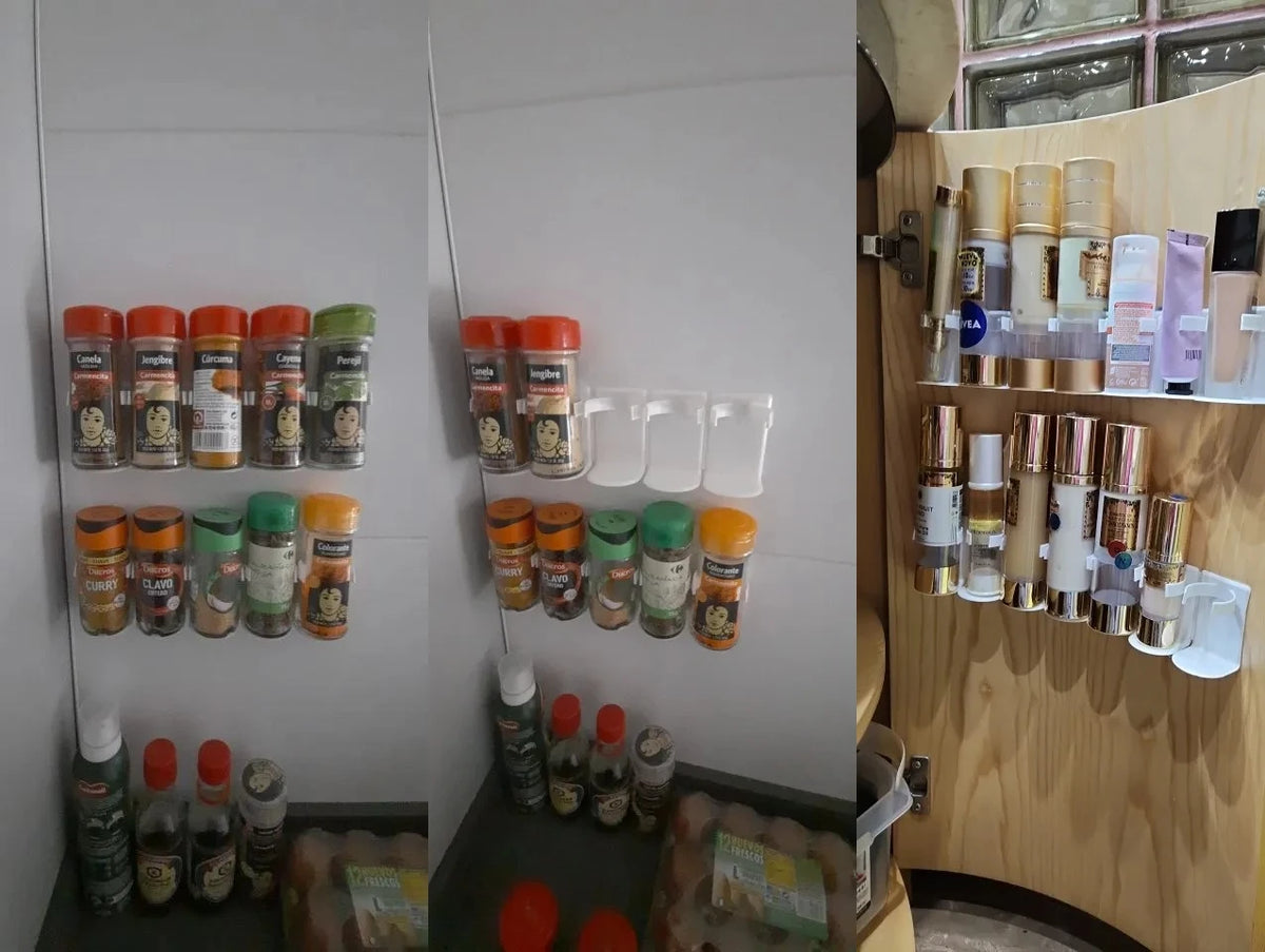 Wall Mounted Spice Bottle Storage Rack Kitchen Seasoning Holder Adhesive Plastic Clip Cabinet Door Spice Jar/Cosmetic Dispenser