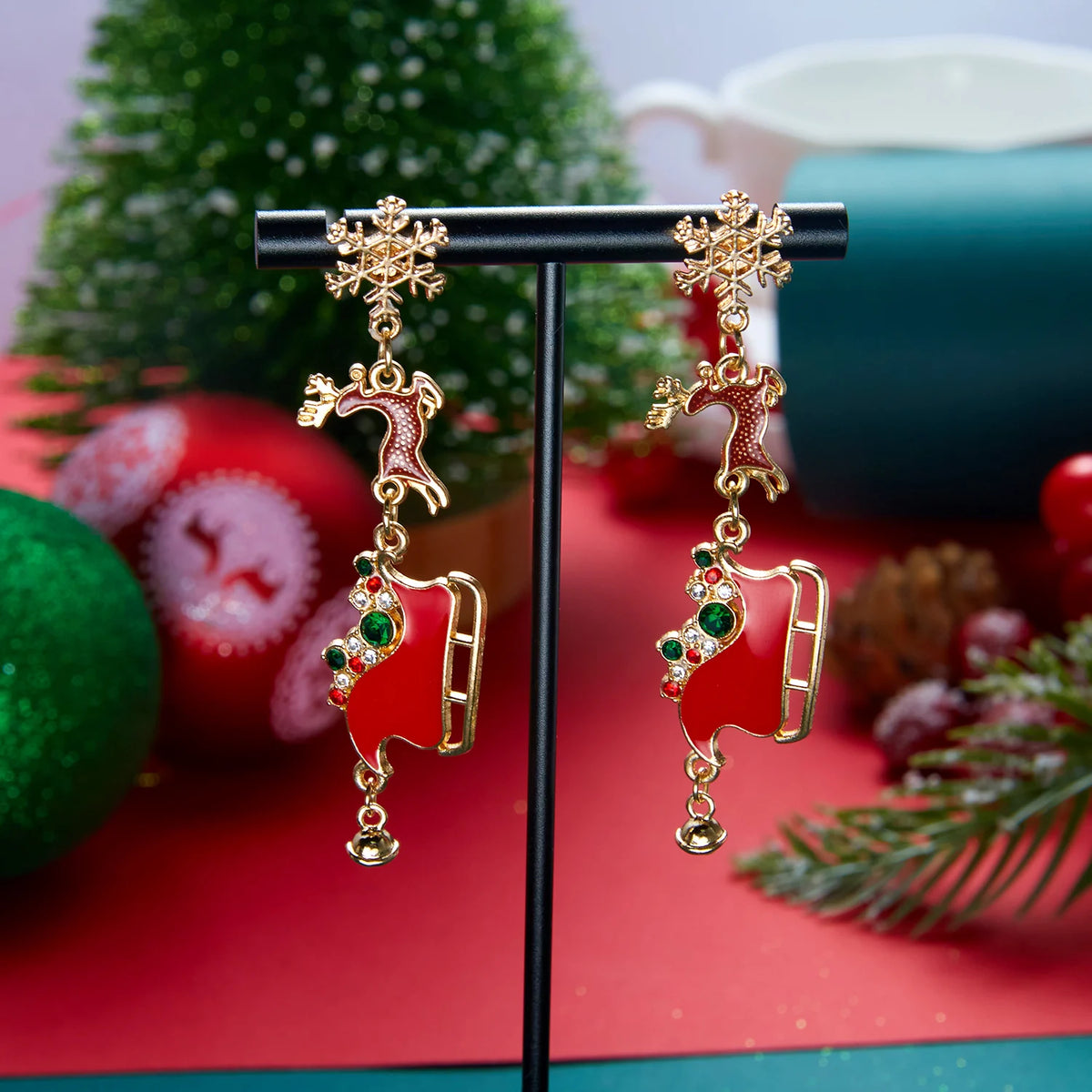 Merry Christmas Velvet Elk Bowknot Dangle Earrings For Women Red Hair Ball