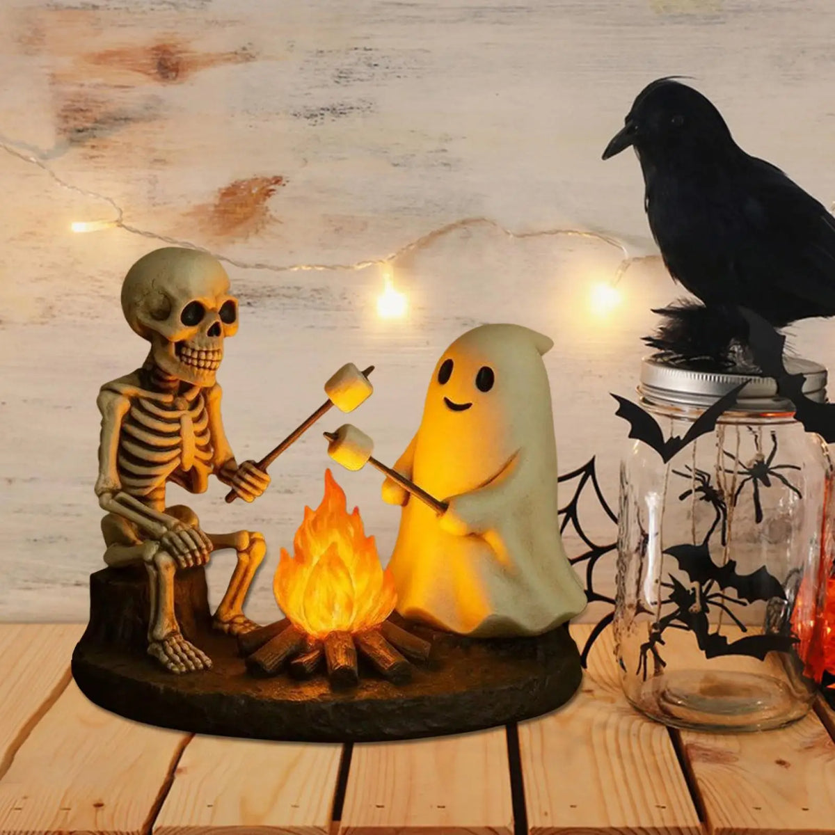 Halloween Skeleton & Ghost Bonfire Night Lamp, Flickering Campfire Nightlight