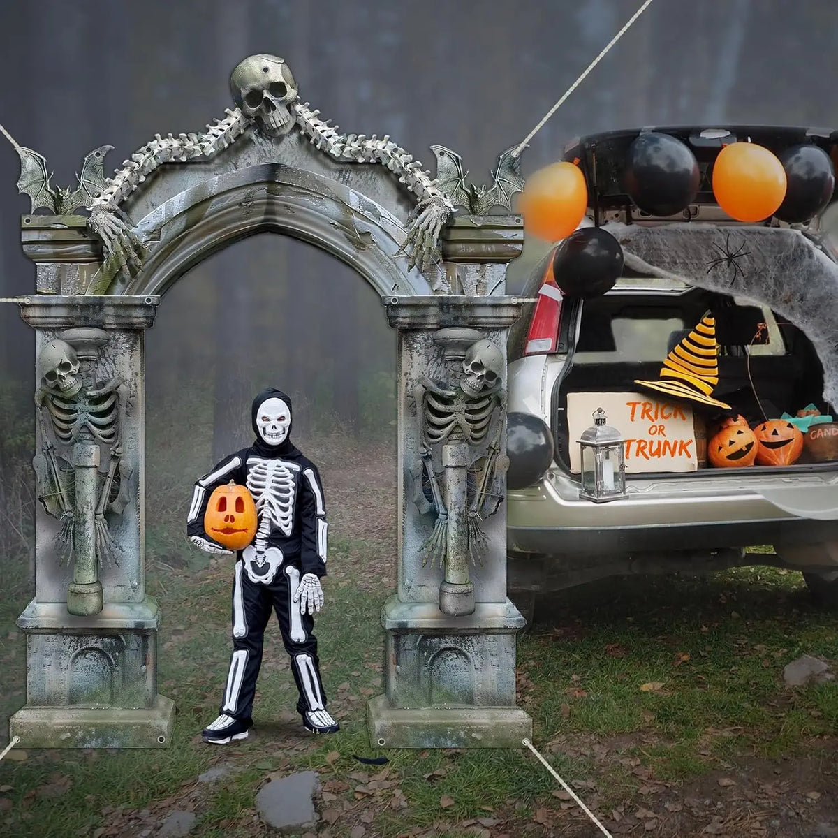 Halloween Skeleton Party Decorations Scary Tombstones Door Banner Creepy Bats Photo Booth