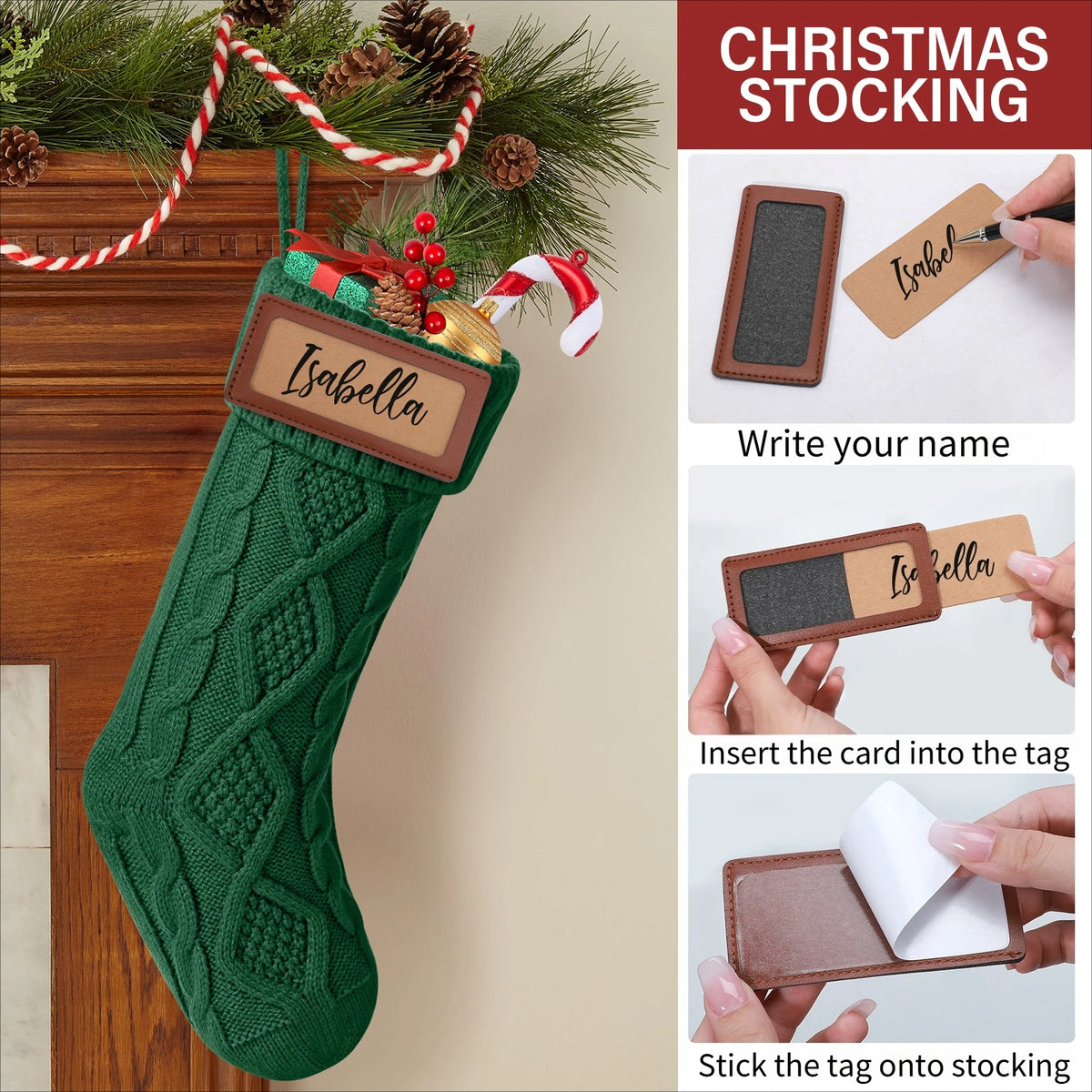 6 Pack Christmas Stockings, Personalized Cable Knit Christmas Stocking with Wooden Name Tag