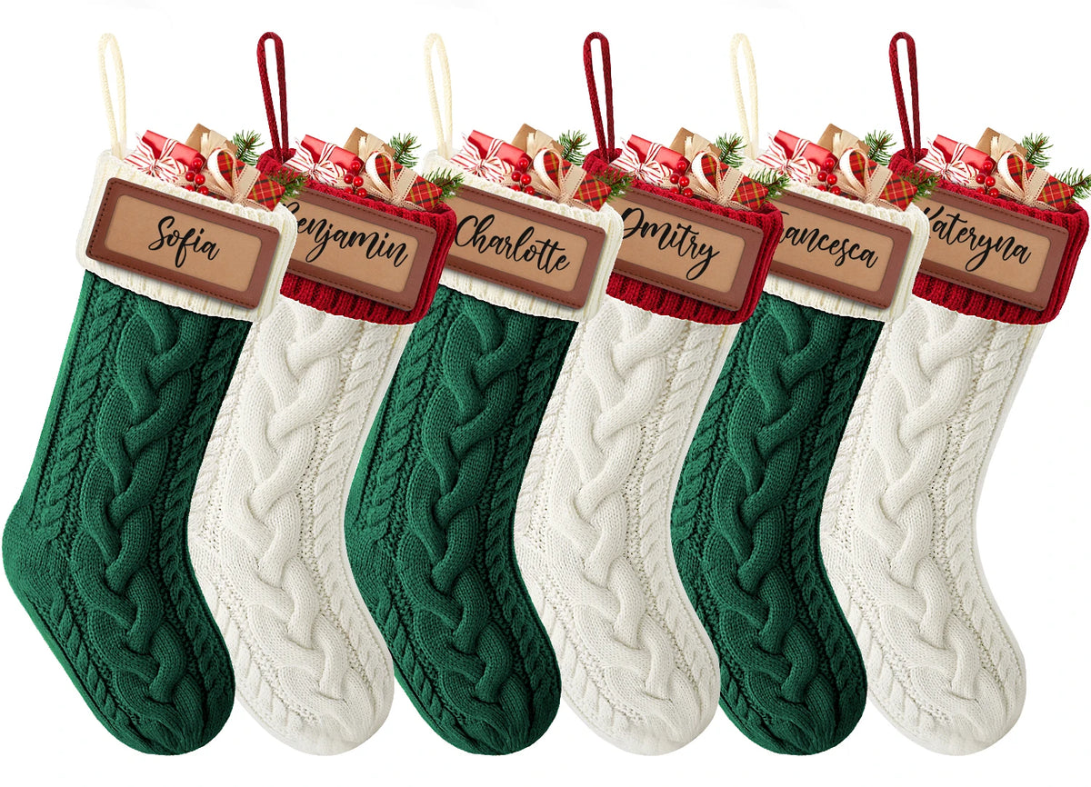 6 Pack Christmas Stockings, Personalized Cable Knit Christmas Stocking with Wooden Name Tag