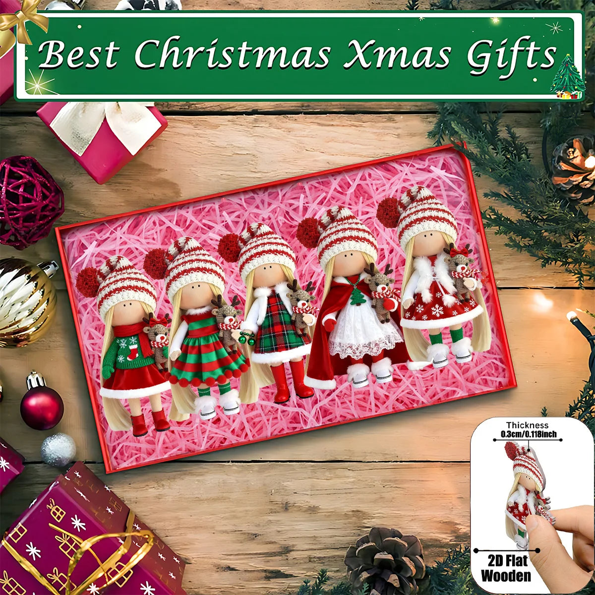 12Pcs Classic Long-haired Christmas Doll Design High-quality 2D Flat Wooden Pendant Christmas Doll