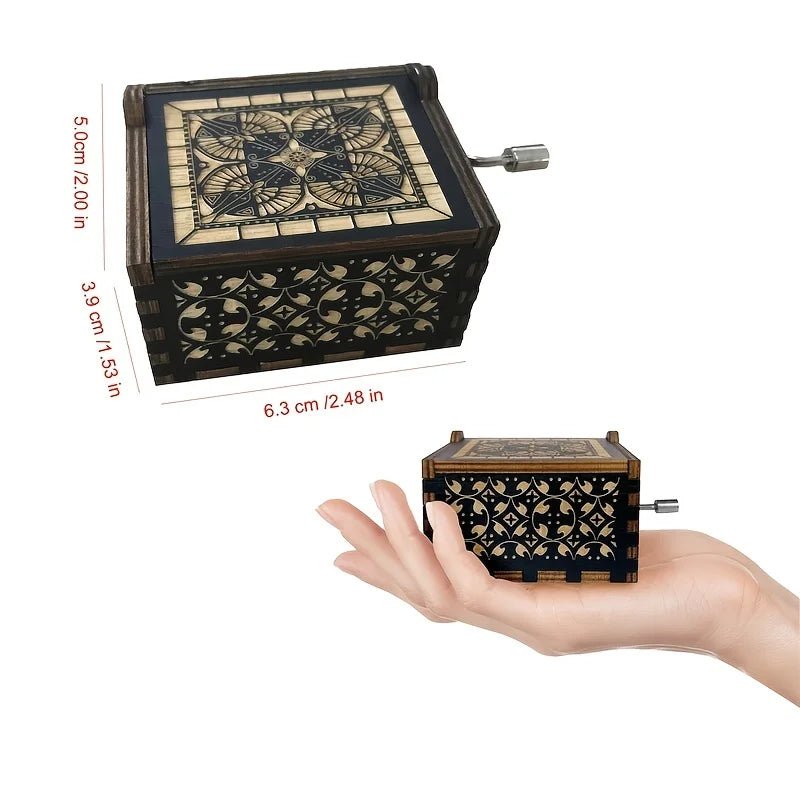 Hand Cranked Black Christmas Music Box Wooden Antique Carved Classic Theme Music f