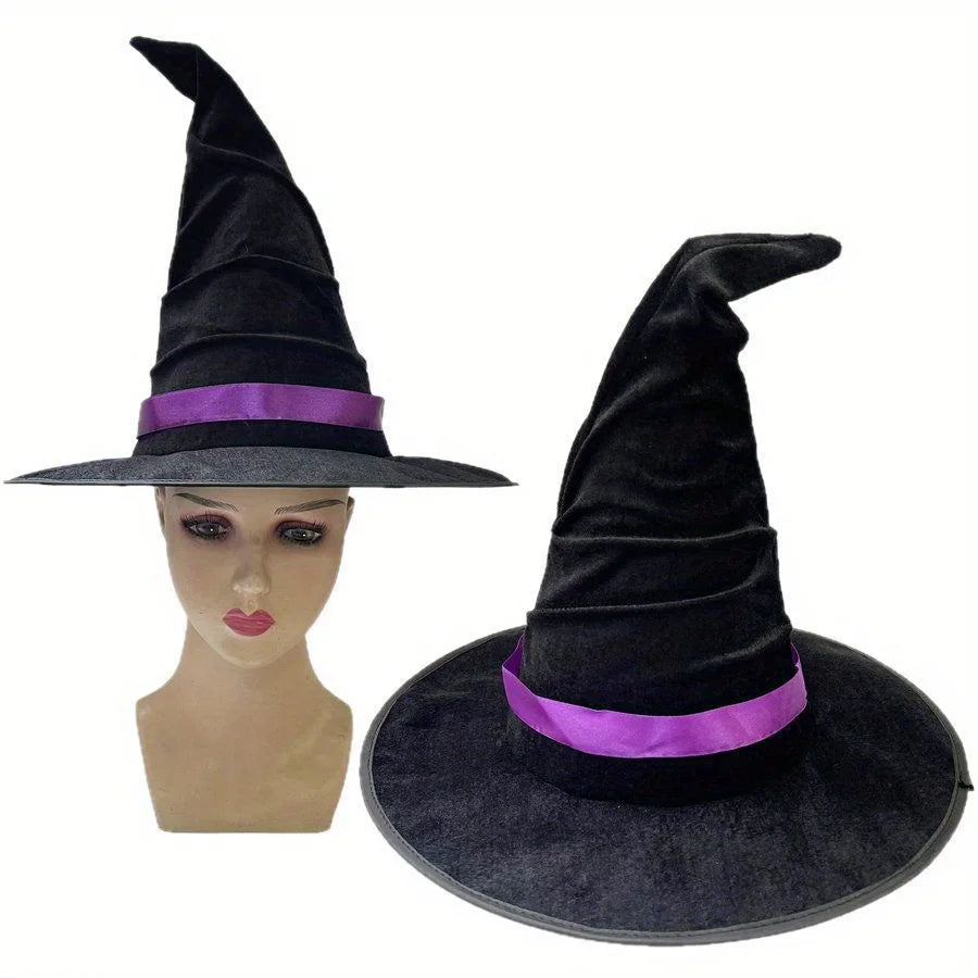 Halloween crumpled witch hat party, witch hat black velvet witch costume