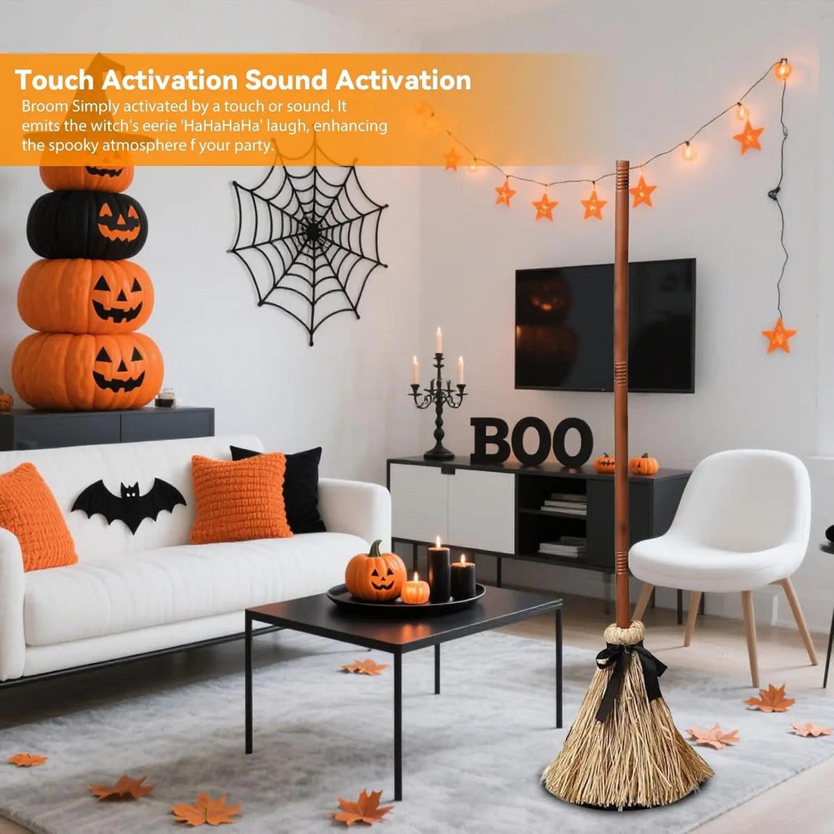 Halloween Floating Witch Broom with Witch Hat Haunted Dancing Moving Prop with Ghost