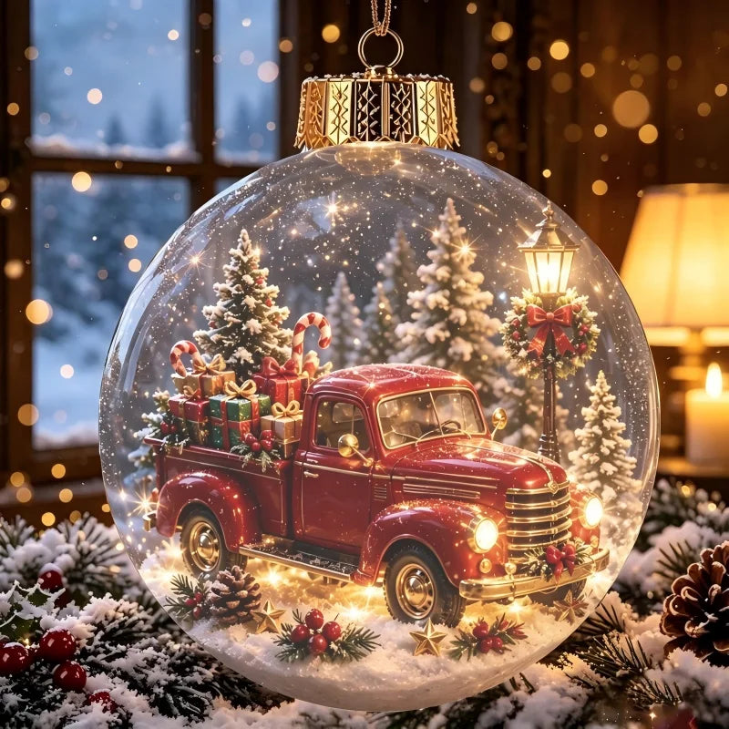 Acrylic Christmas Bell Ornament Decoration 3D Snow Globe Santa Snowman Ball Hanging Xmas Tree Pendant