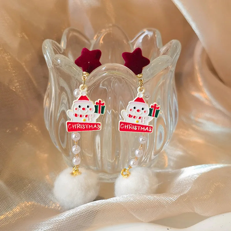 Merry Christmas Velvet Elk Bowknot Dangle Earrings For Women Red Hair Ball
