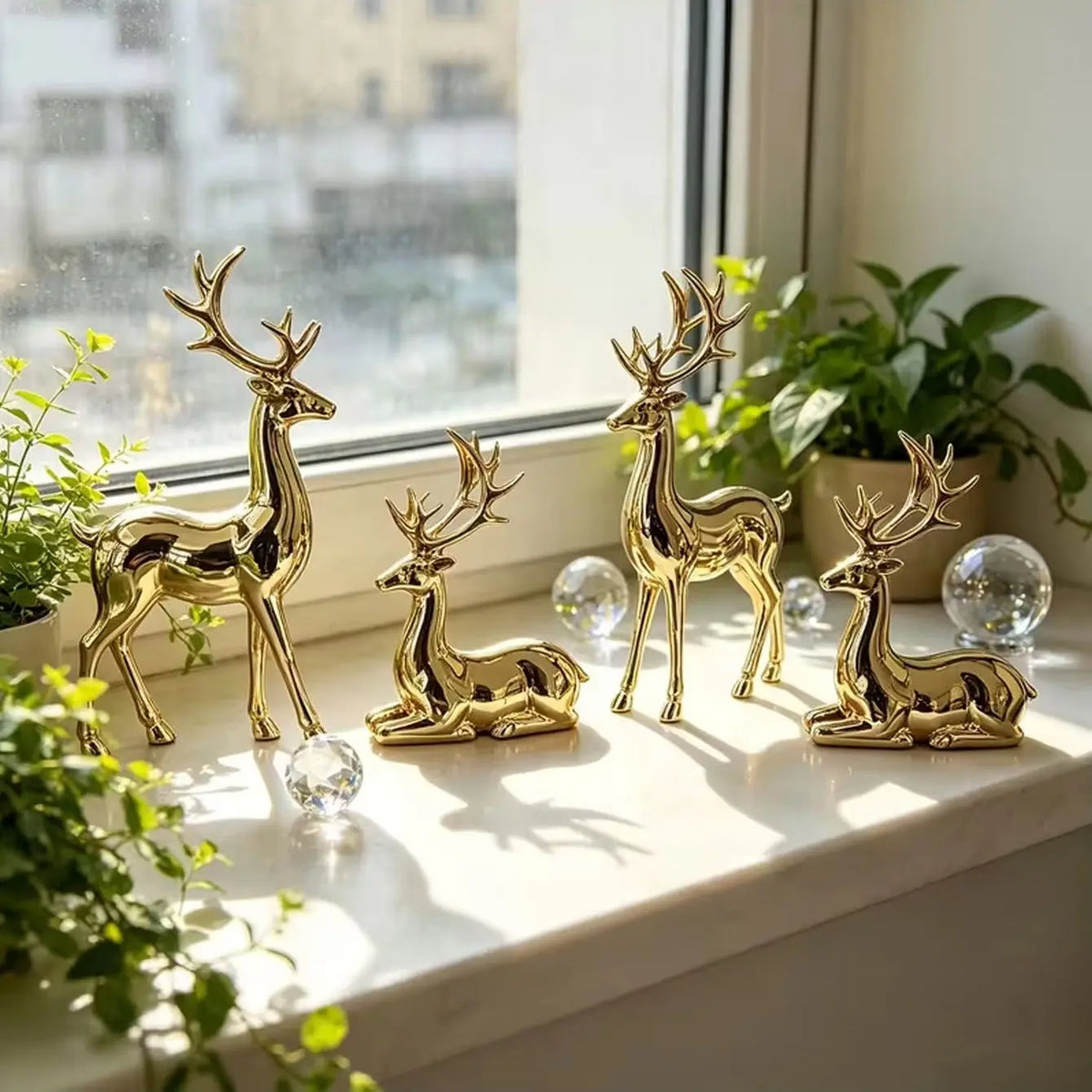2-Piece Gold-Plated Reindeer Ornament Set, Standing and Lying desktop Ornaments
