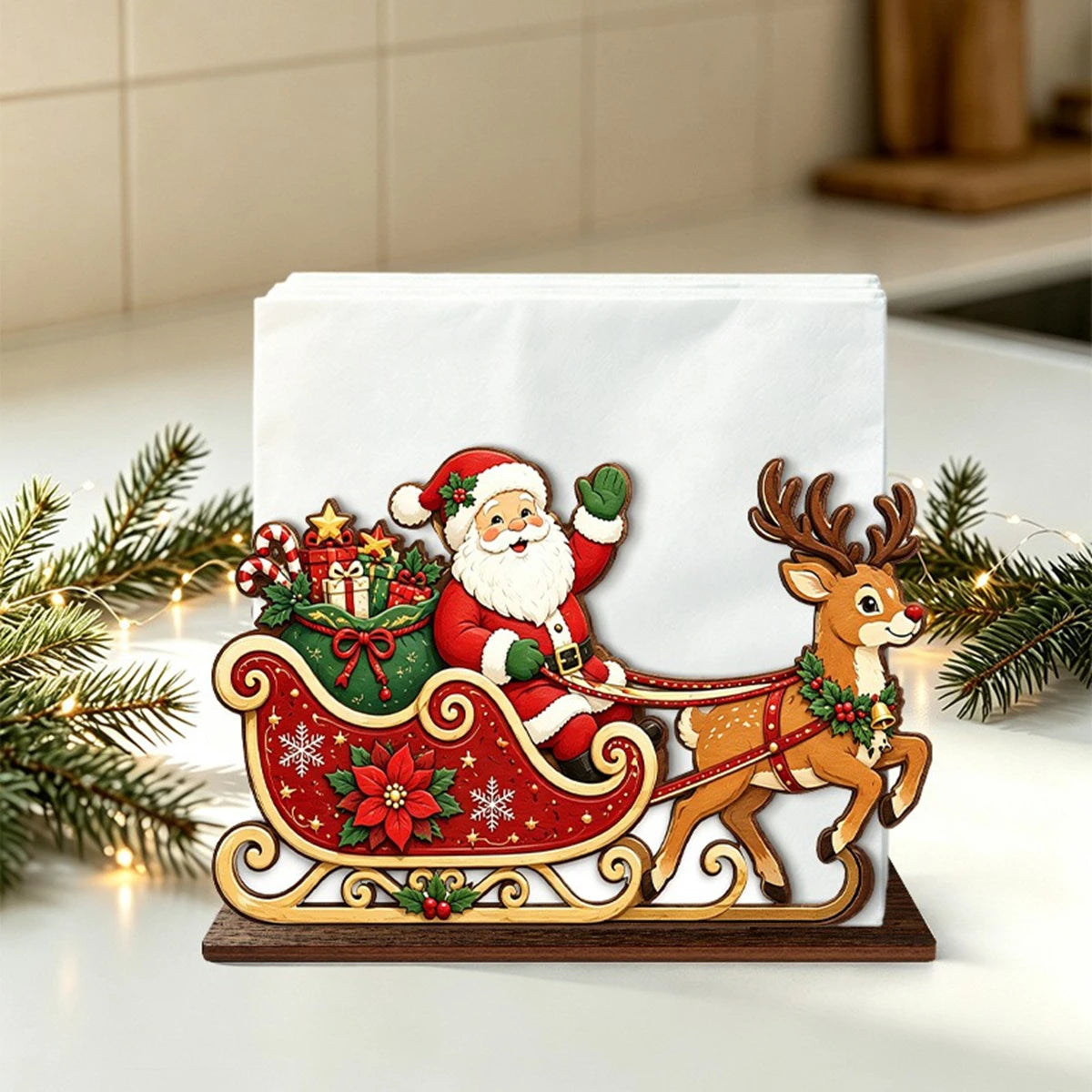 Santa Claus Wooden Napkin Holder Christmas Table Decor Desktop Tissue Storage Rack