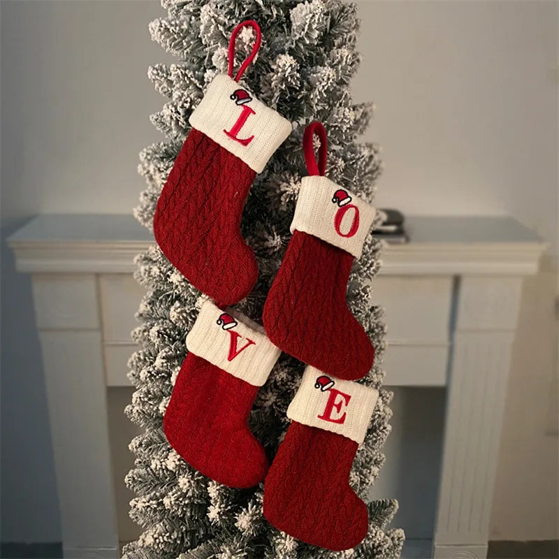 Christmas Socks Knitting Snowflake Letter Stocking Christmas Decoration
