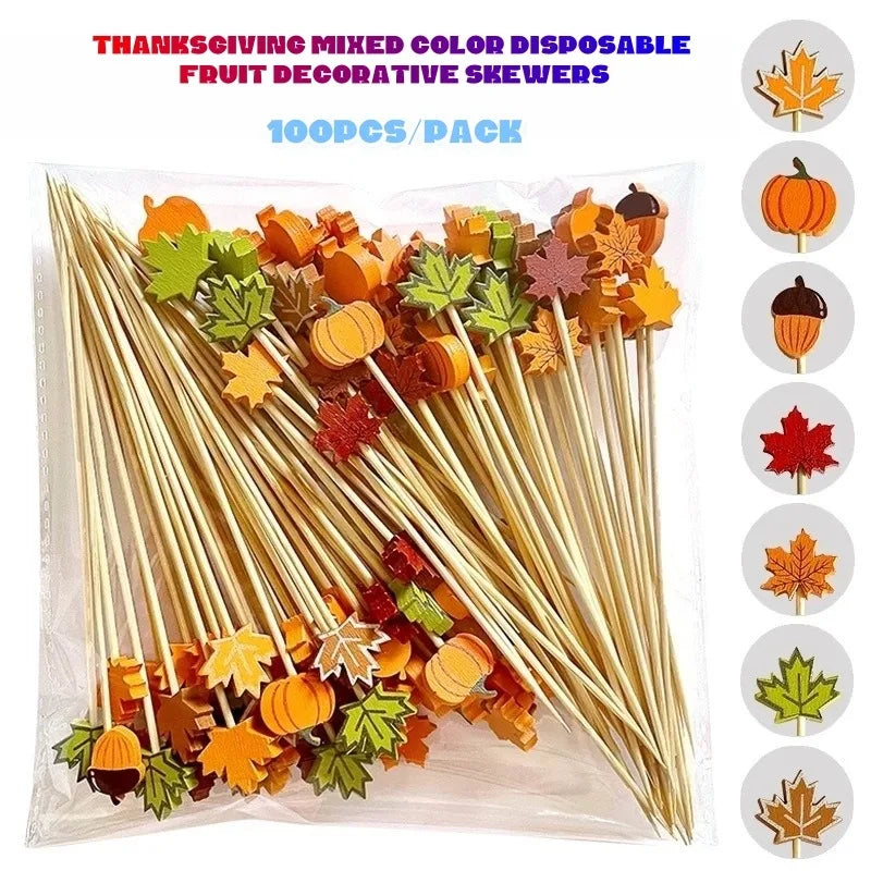 Halloween party fruit decorations, pumpkin, maple leaf, acorn shaped bamboo sticks