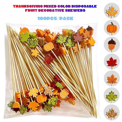 Halloween party fruit decorations, pumpkin, maple leaf, acorn shaped bamboo sticks