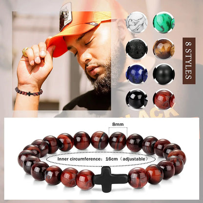 Prayer Natural Stone & Wood Bead Rosary Bracelet with Hematite Cross