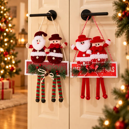 Two Red Fabric Christmas Snowman & Santa Ornaments With Hanging Strings, Featuring White Plush Trim