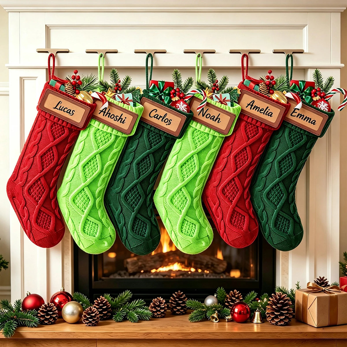 6 Pack Christmas Stockings, Personalized Cable Knit Christmas Stocking with Wooden Name Tag