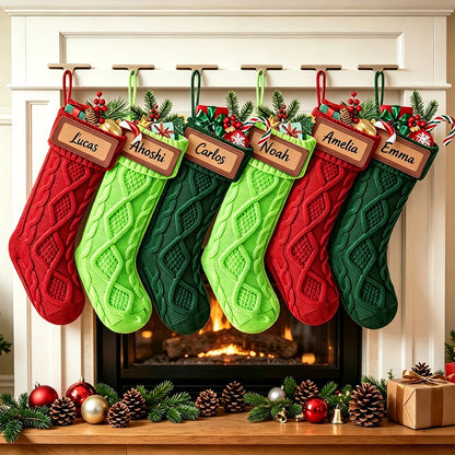 6 Pack Christmas Stockings, Personalized Cable Knit Christmas Stocking with Wooden Name Tag