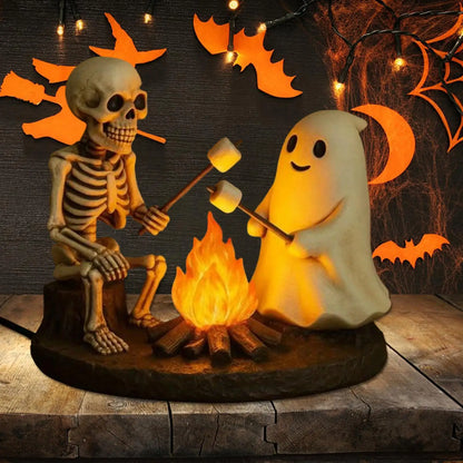 Halloween Skeleton & Ghost Bonfire Night Lamp, Flickering Campfire Nightlight
