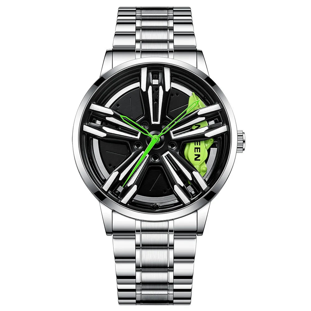 Custom Super Car Rim Design Stainless Steel Black Retro Waterproof Racing Watch for Men