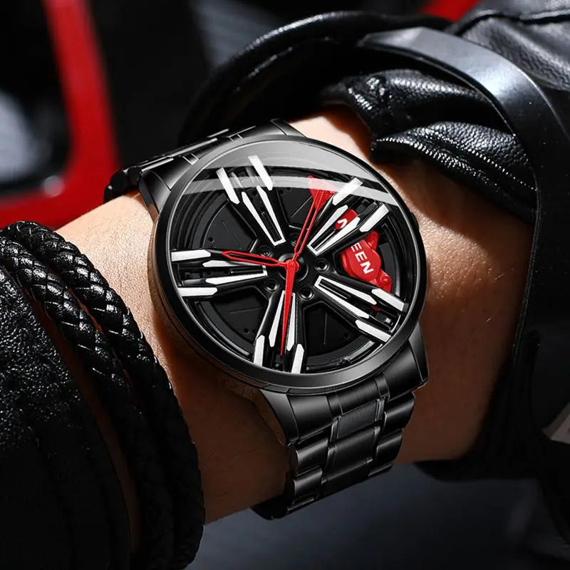 Custom Super Car Rim Design Stainless Steel Black Retro Waterproof Racing Watch for Men