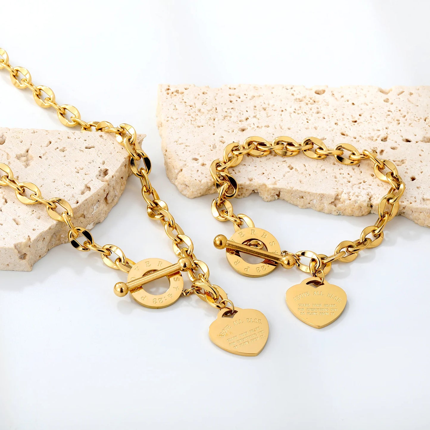 Golden Heart Pendant Necklace & Bracelet Set