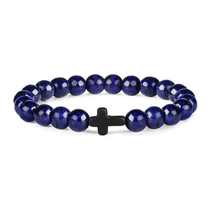 Prayer Natural Stone & Wood Bead Rosary Bracelet with Hematite Cross