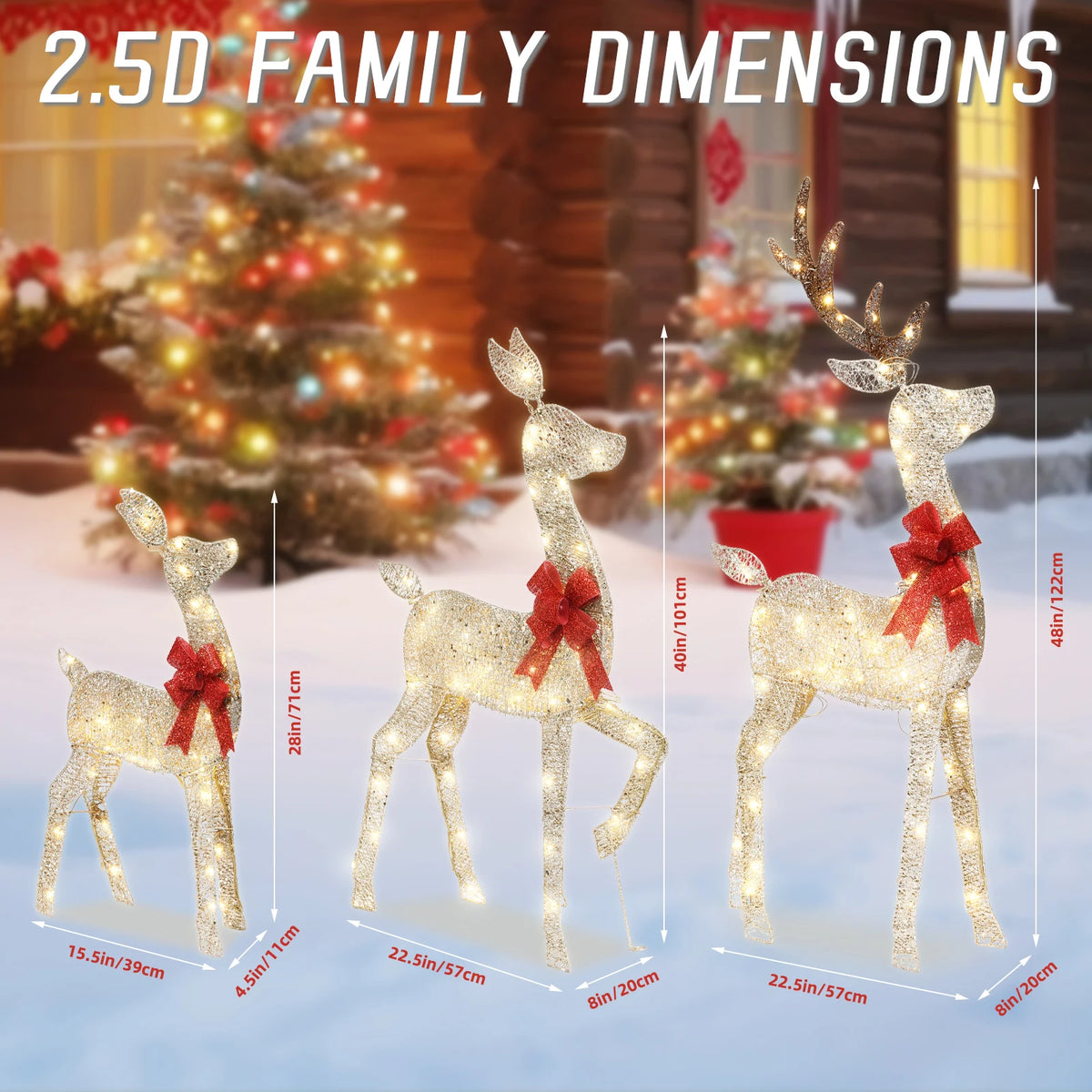 Deer Family Illuminated Christmas Decorations 3 Piece Set 2.5D Christmas Theme with 145 LED Lights