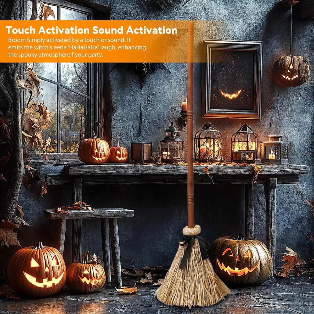 Halloween Floating Witch Broom with Witch Hat Haunted Dancing Moving Prop with Ghost