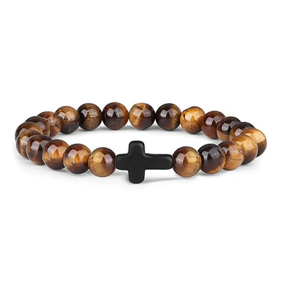 Prayer Natural Stone & Wood Bead Rosary Bracelet with Hematite Cross