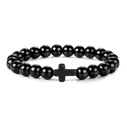 Prayer Natural Stone & Wood Bead Rosary Bracelet with Hematite Cross