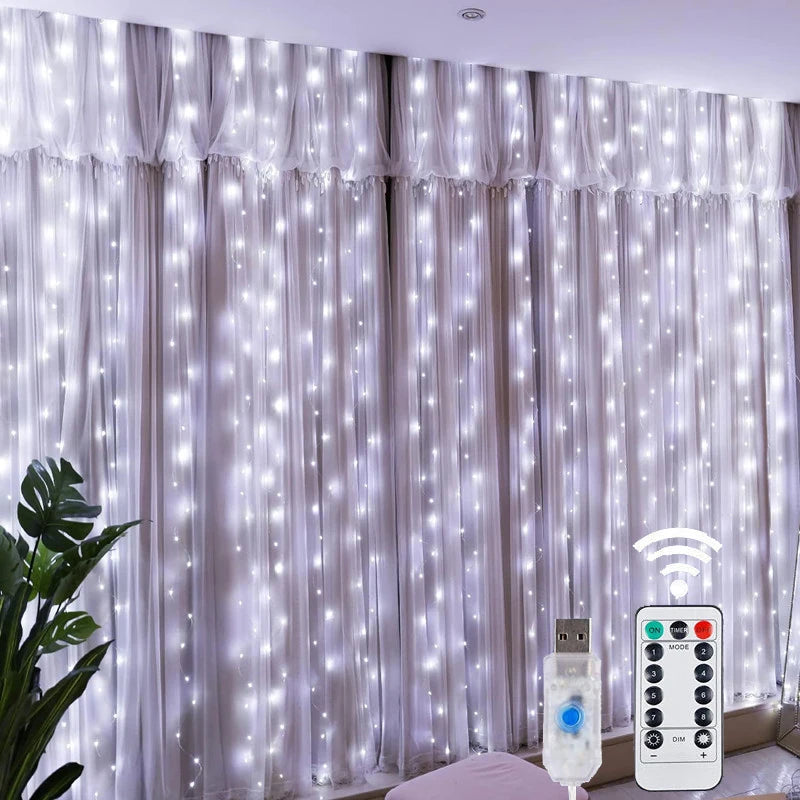 Christmas Lights LED Fairy String Curtain Lights 8 Mode Remote USB Festoon Christmas Decor