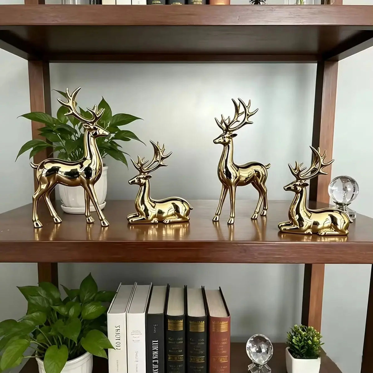 2-Piece Gold-Plated Reindeer Ornament Set, Standing and Lying desktop Ornaments