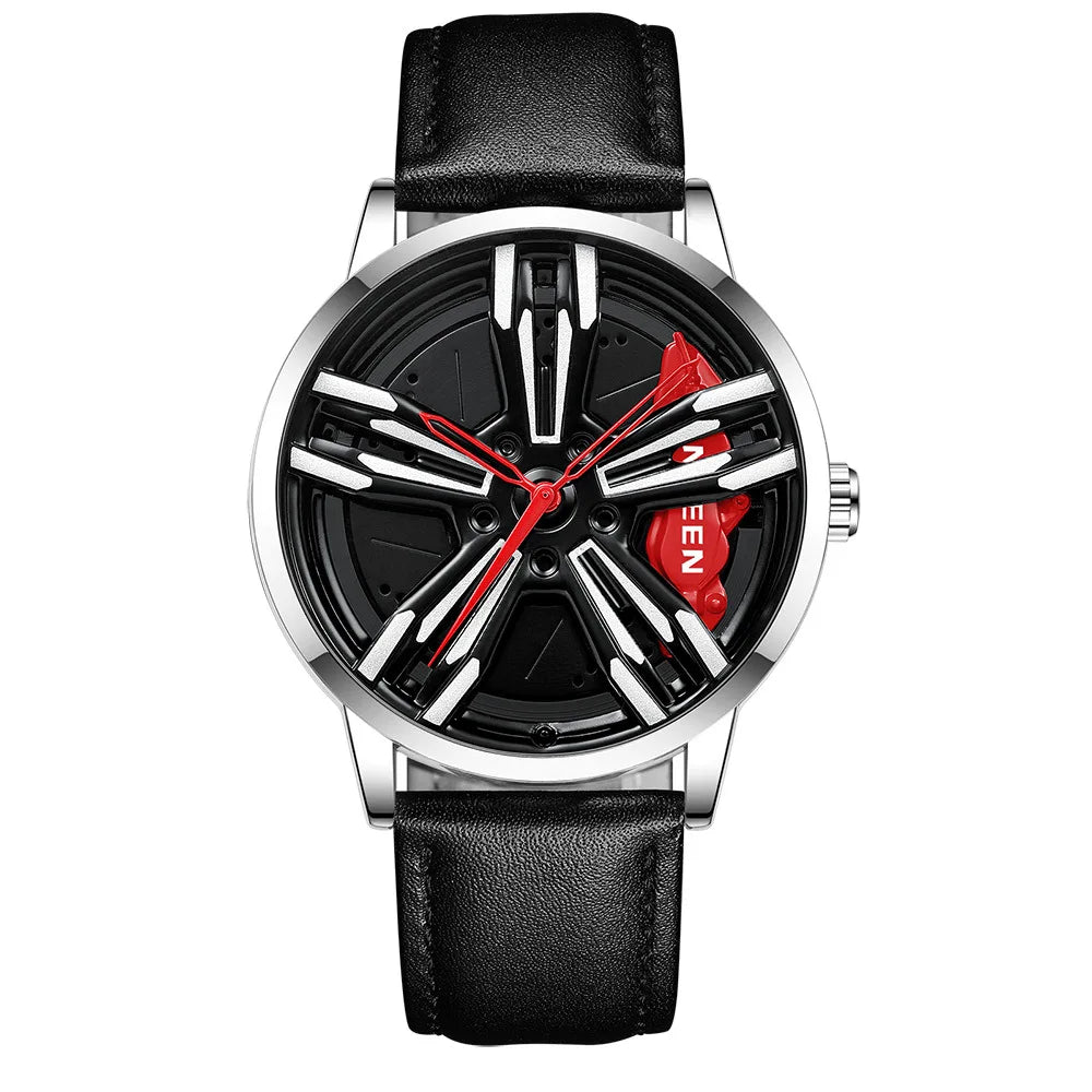 Custom Super Car Rim Design Stainless Steel Black Retro Waterproof Racing Watch for Men