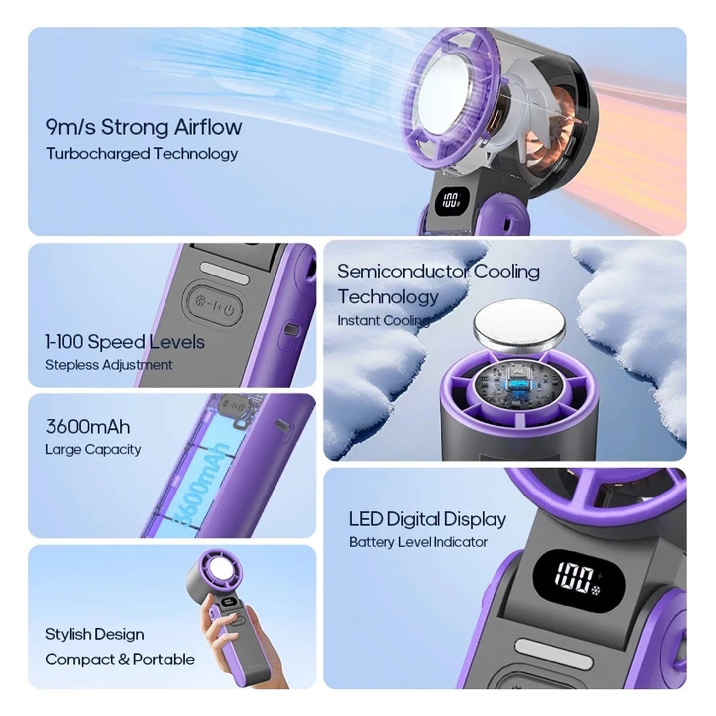 Rechargeable 100 Wind Speeds Adjustable Mini Foldable Air Cooling Turbo Fan