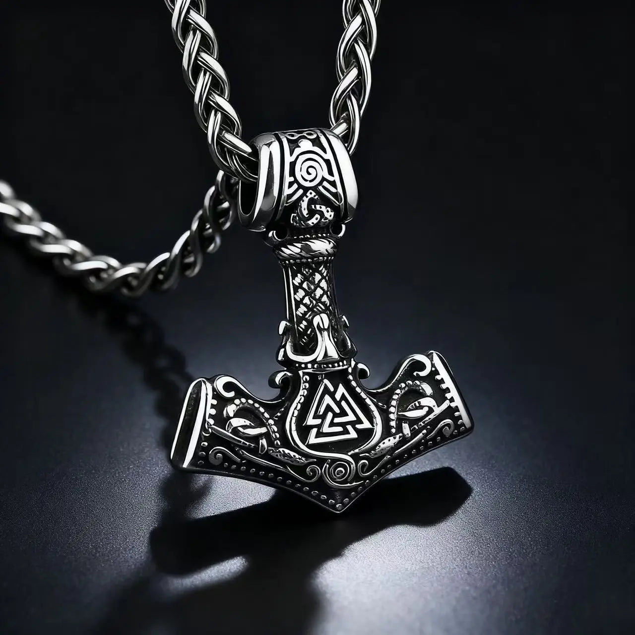 Stainless Steel Mjolnir Thor Hammer Necklace Pendant for Men, Vintage Jewelry Gift