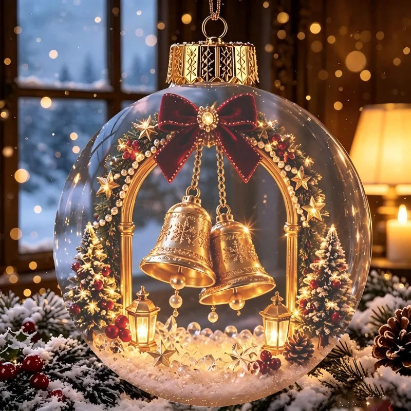 Acrylic Christmas Bell Ornament Decoration 3D Snow Globe Santa Snowman Ball Hanging Xmas Tree Pendant