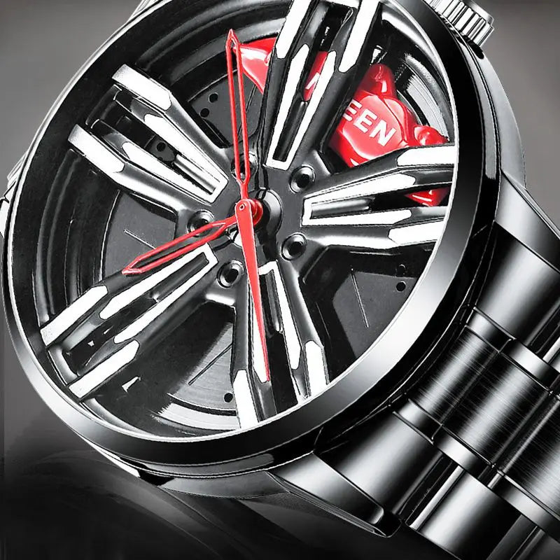 Custom Super Car Rim Design Stainless Steel Black Retro Waterproof Racing Watch for Men