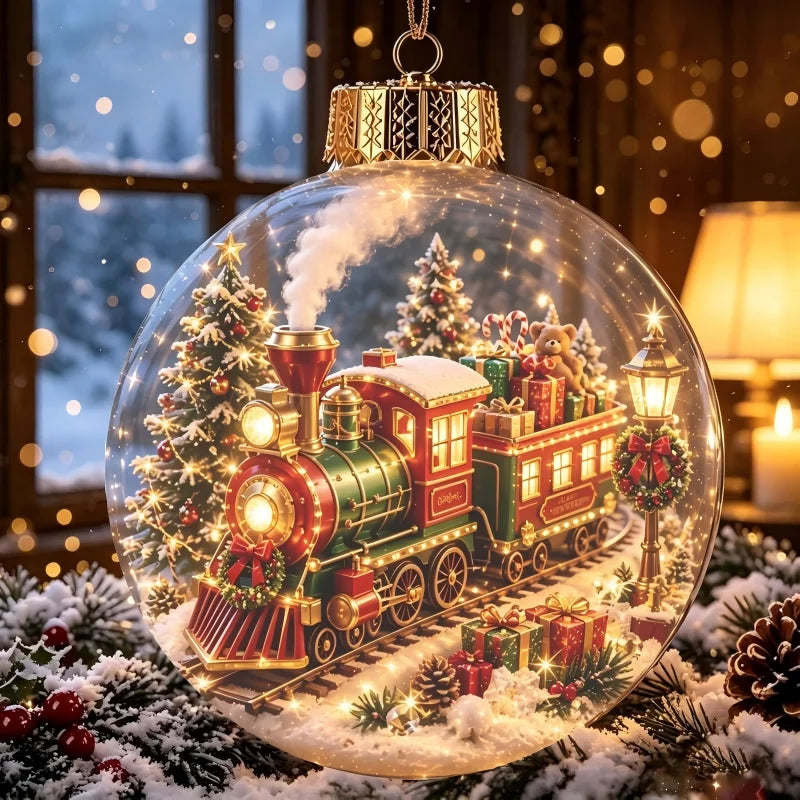 Acrylic Christmas Bell Ornament Decoration 3D Snow Globe Santa Snowman Ball Hanging Xmas Tree Pendant