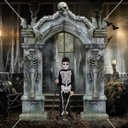 Halloween Skeleton Party Decorations Scary Tombstones Door Banner Creepy Bats Photo Booth