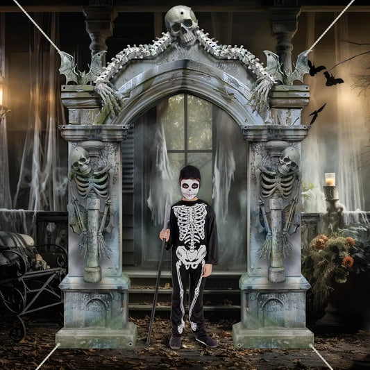 Halloween Skeleton Party Decorations Scary Tombstones Door Banner Creepy Bats Photo Booth
