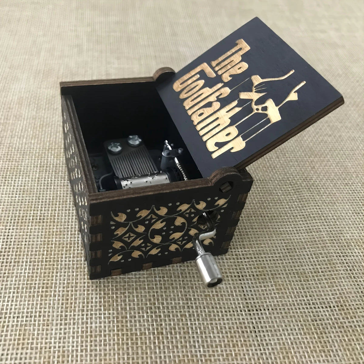 Hand Cranked Black Christmas Music Box Wooden Antique Carved Classic Theme Music f