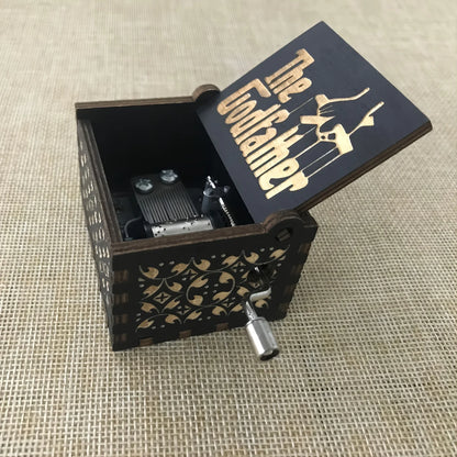 Hand Cranked Black Christmas Music Box Wooden Antique Carved Classic Theme Music f